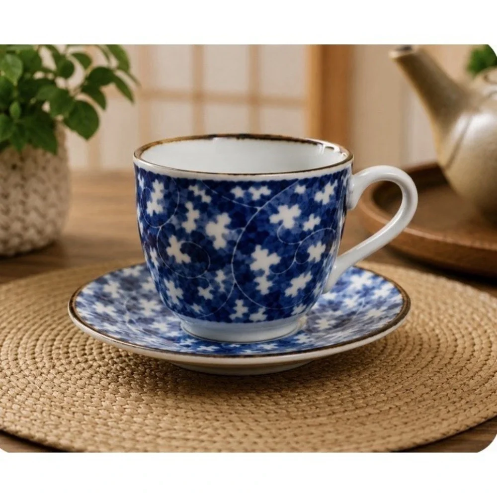 Japanese Blue And White Porcelain Tea Cup Saucer Set, Arita Style Floral 4